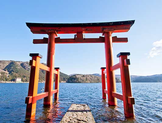 The torii gate which stand on the shore of Lake Ashi